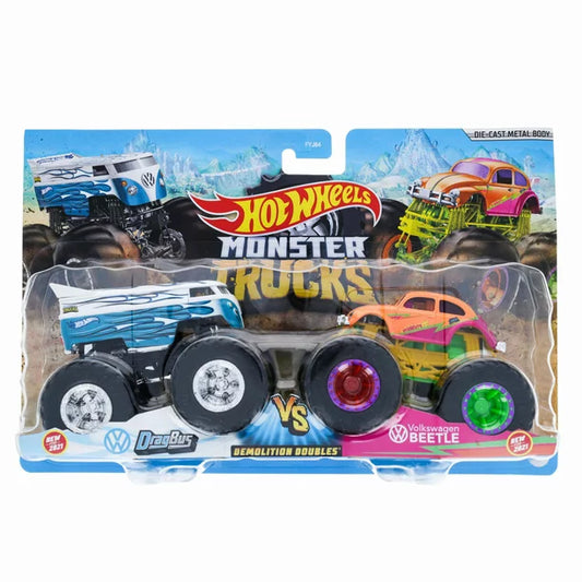 Hot Wheels Monster Trucks Demolition Doubles Drag Bus vs Volkswagen Beetle 1:64 Scale
