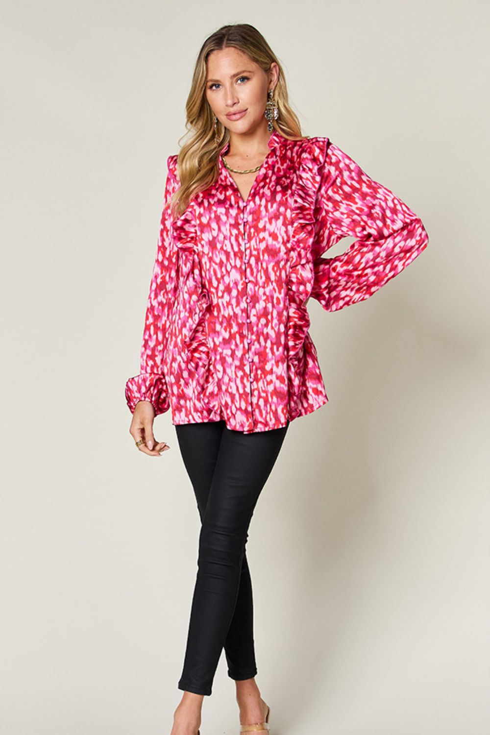 Double Take Printed Ruffle Trim Balloon Sleeve Shirt