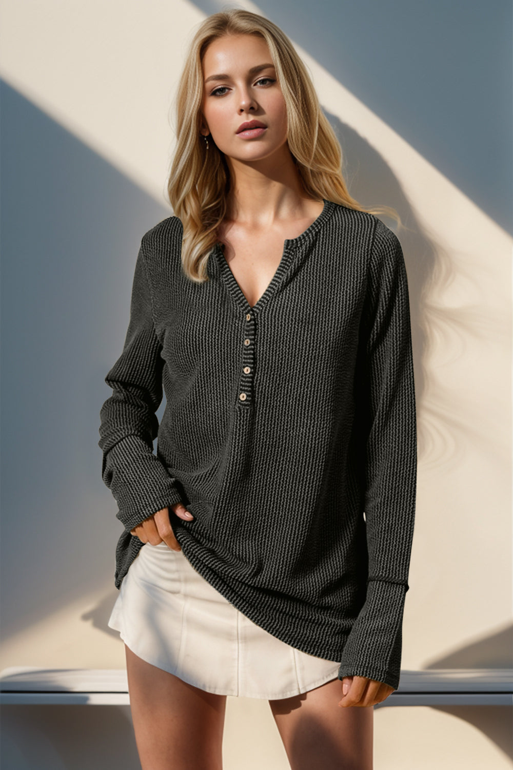 Double Take Notched Thumbhole Long Sleeve T-Shirt