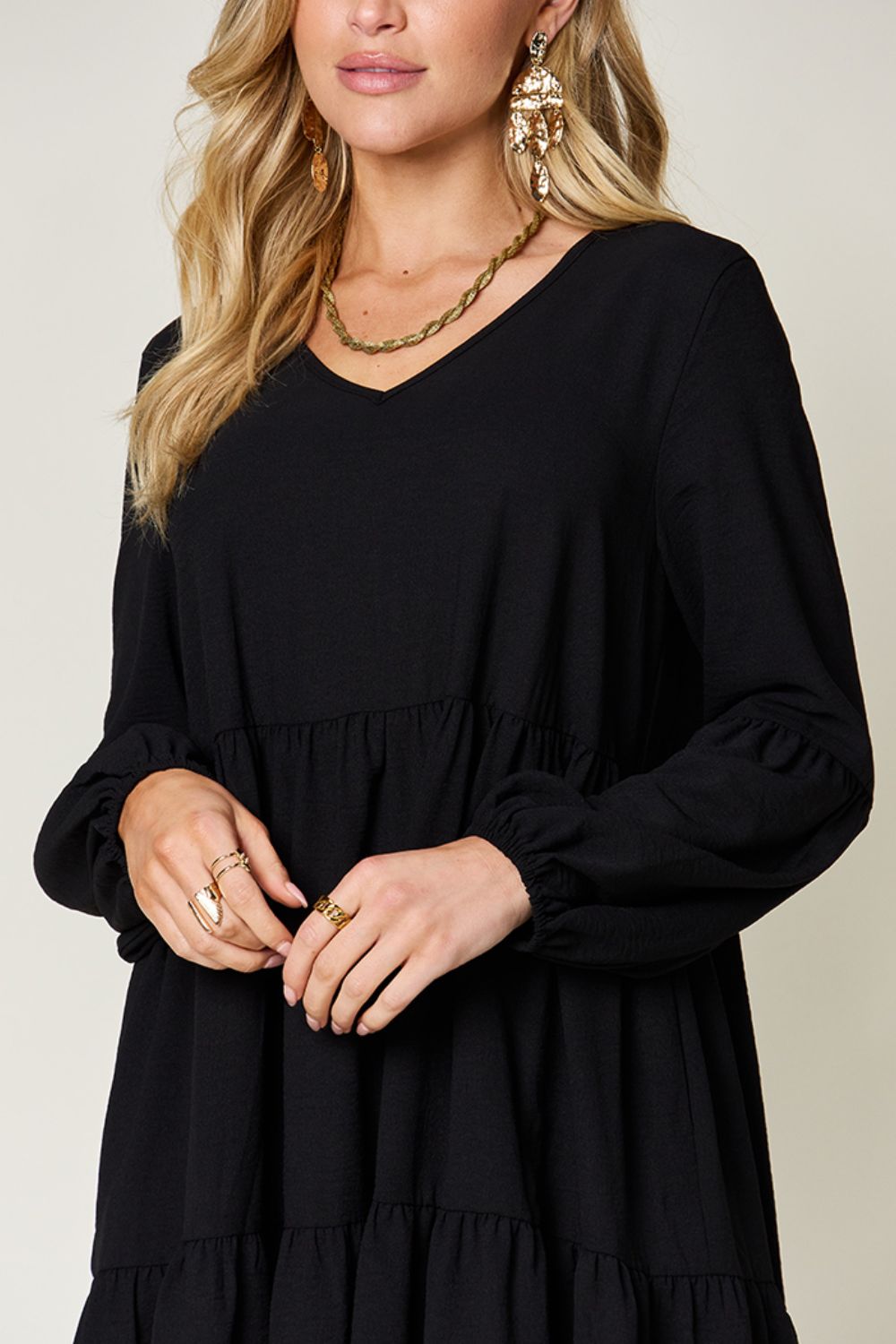 Double Take V-Neck Balloon Sleeve Tiered Dress