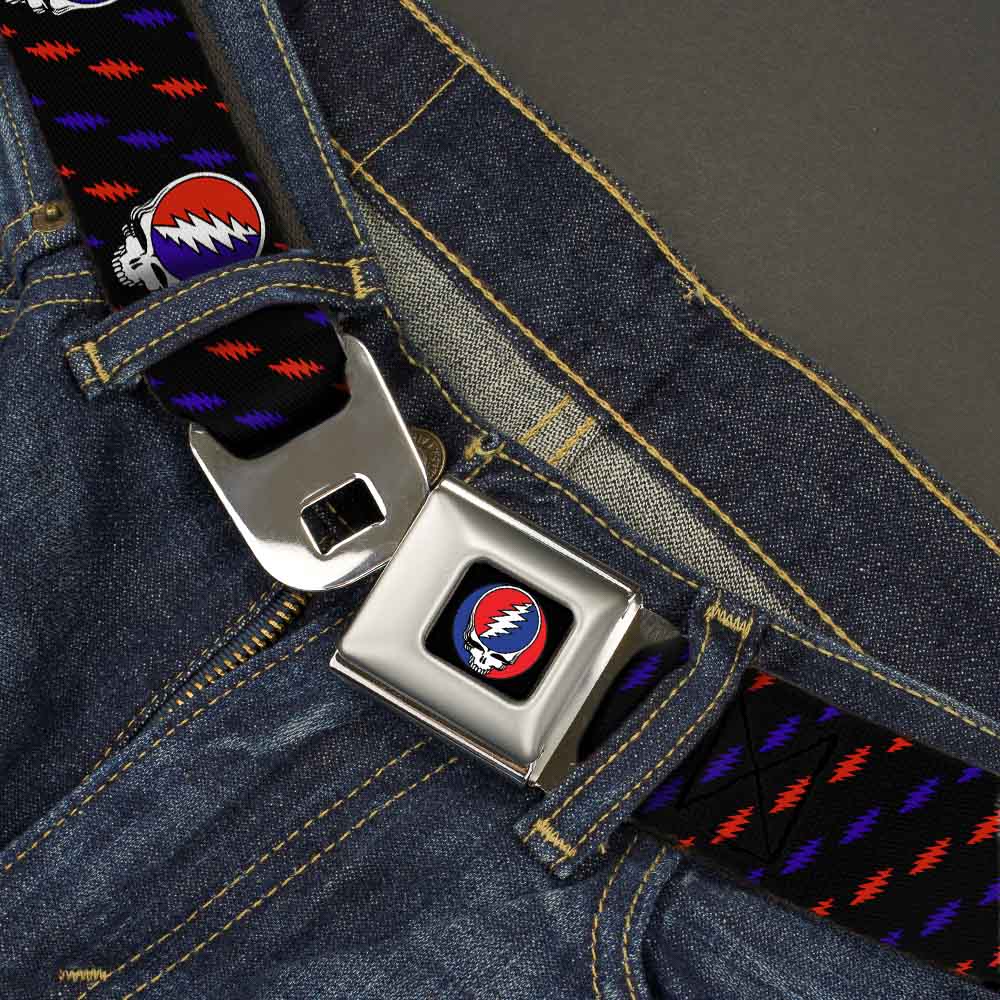 Steal Your Face Seatbelt Belt - Steal Your Face Repeat w/Mini Lightning Bolt Black/Red/White/Blue Webbing