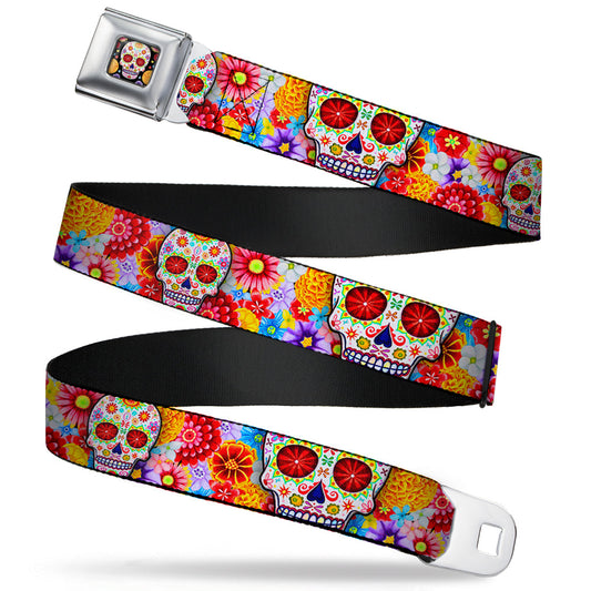 Sugar Skull Starburst Full Color Black/Multi Color Seatbelt Belt - Sugar Skull Starburst White/Multi Color Webbing