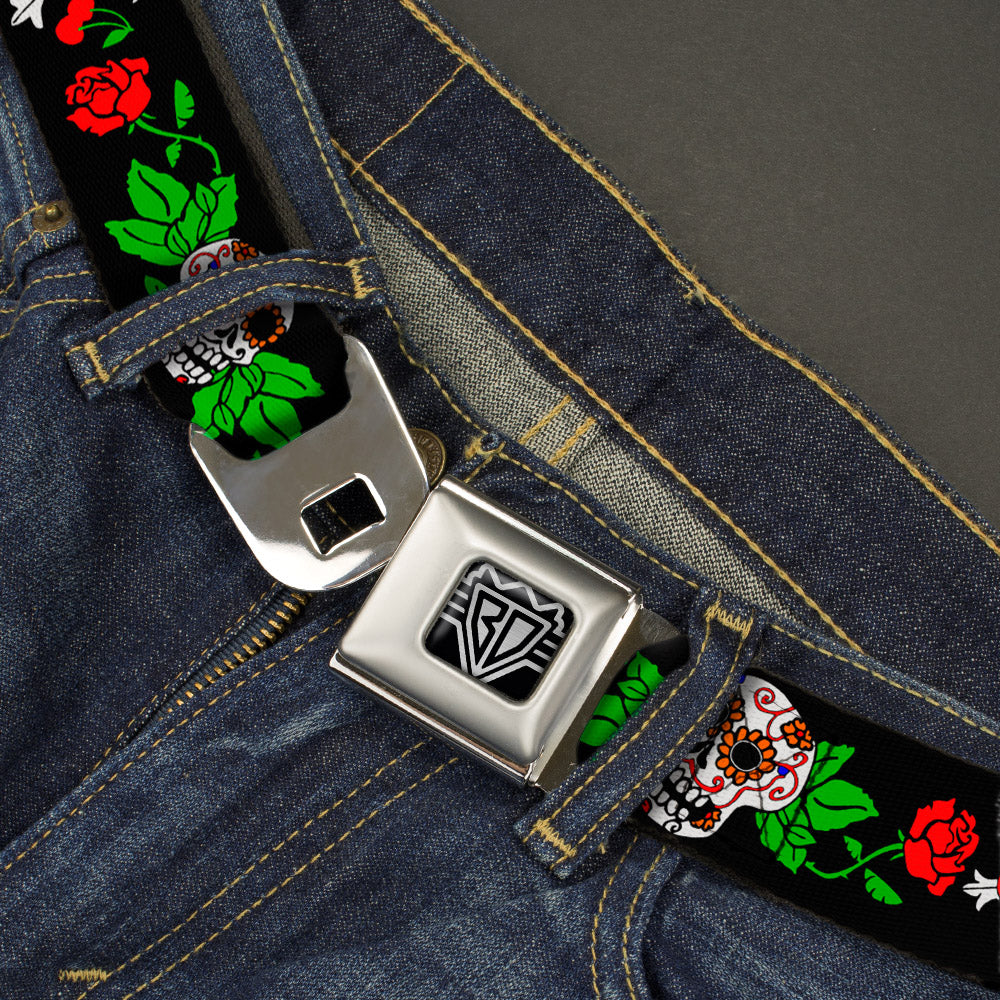 BD Wings Logo CLOSE-UP Full Color Black Silver Seatbelt Belt - Sugar Skull w/Roses & Heart Webbing