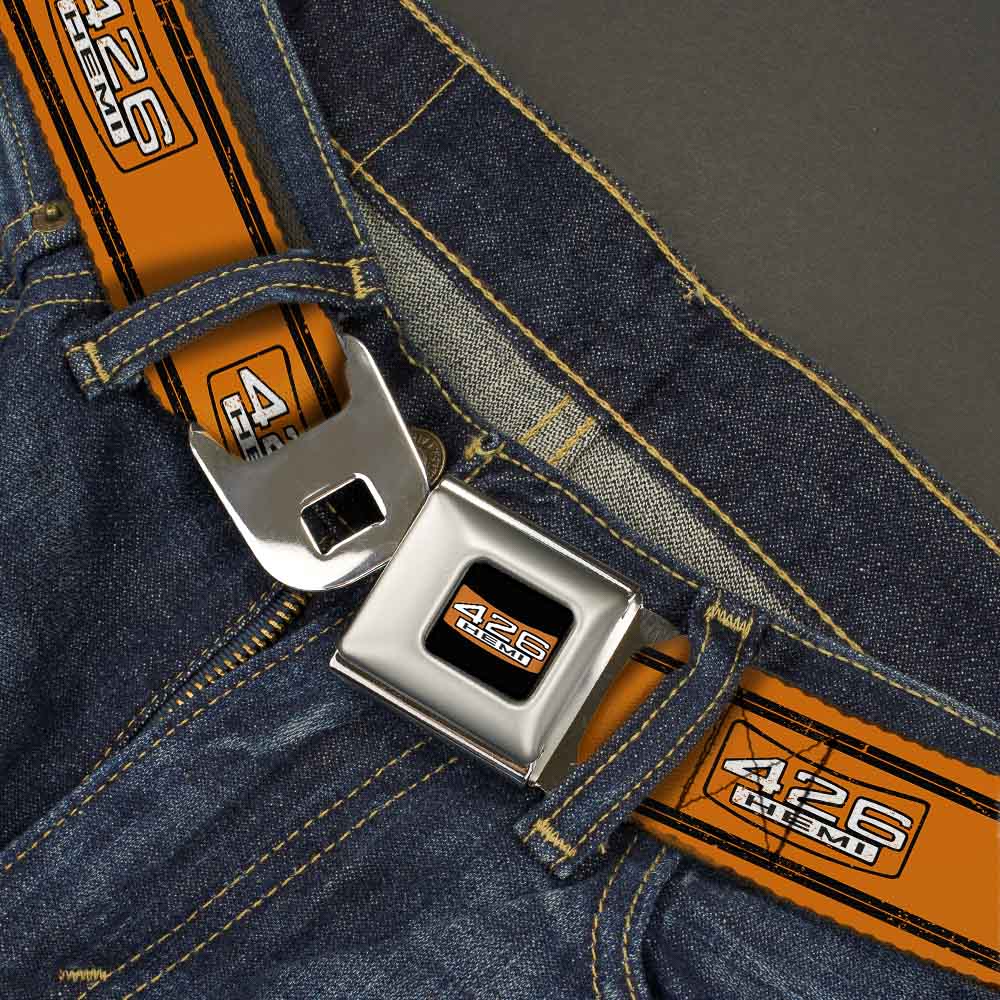 426 HEMI Badge Full Color Black White Orange Seatbelt Belt - 426 HEMI Badge/Stripes Weathered Orange/Black/White Webbing