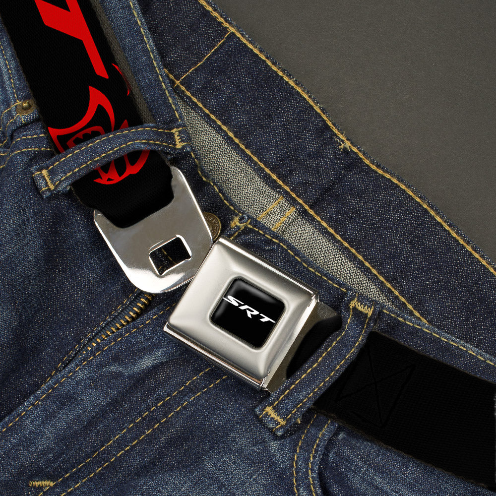 SRT Logo Full Color Black White Seatbelt Belt - Dodge SRT Hellcat Logo CLOSE-UP Black/Red Webbing