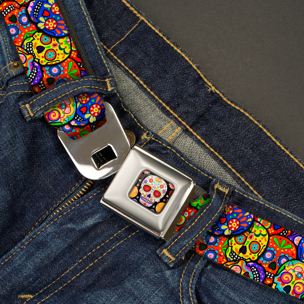 Sugar Skull Starburst Full Color Black/Multi Color Seatbelt Belt - Colorful Calaveras Stacked Multi Color Webbing