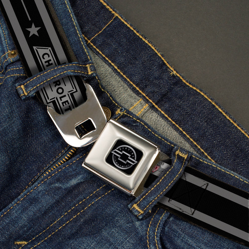 Chevy Seatbelt Belt - Vintage CHEVROLET Bowtie/Stars Stripe Black/Grays (1934 logo) Webbing