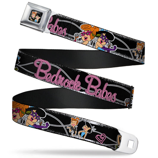 Wilma & Betty Full Color Black Seatbelt Belt - Wilma & Betty Glam Poses BEDROCK BABES Black/Pink Webbing