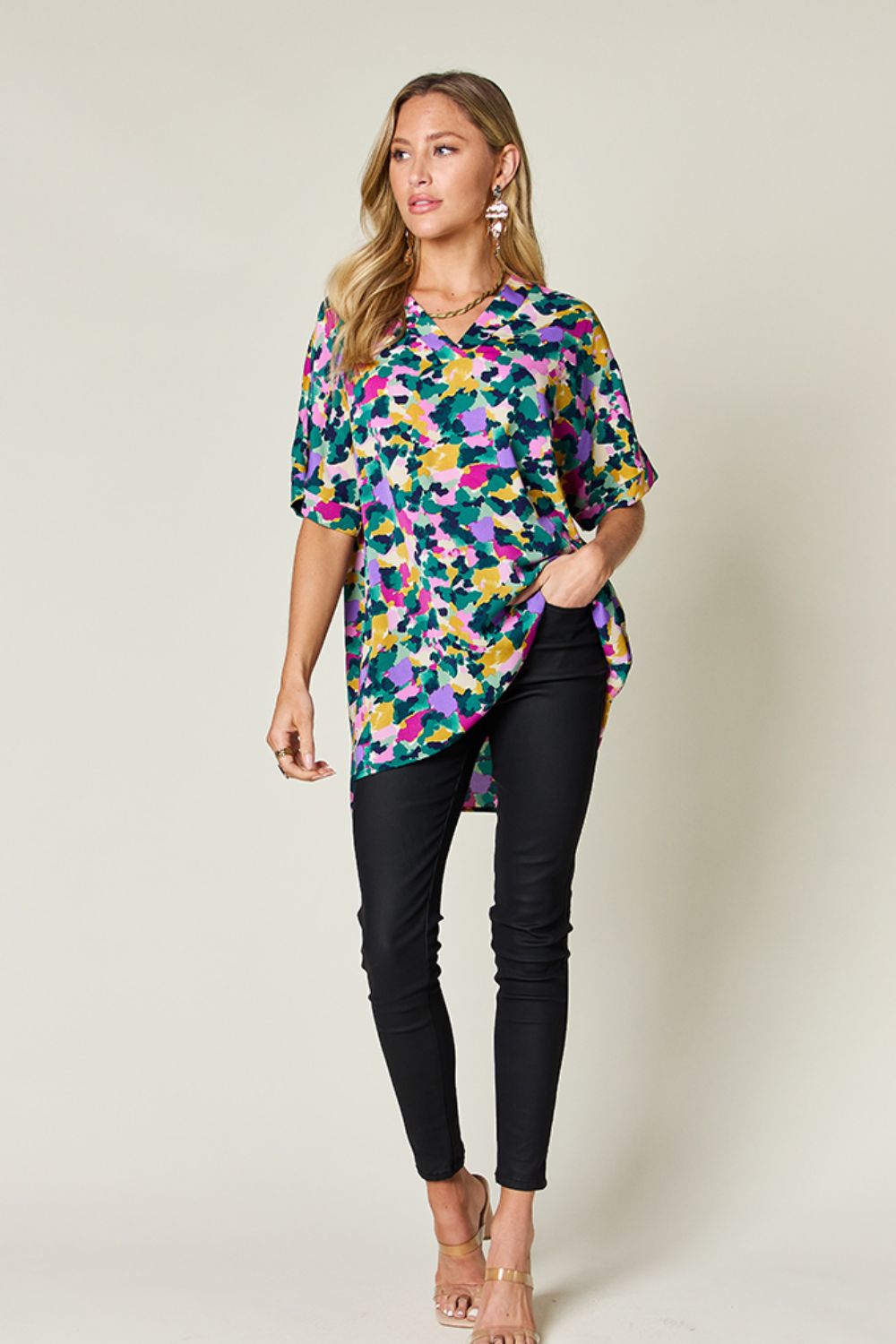 Double Take Printed V-Neck Short Sleeve Blouse