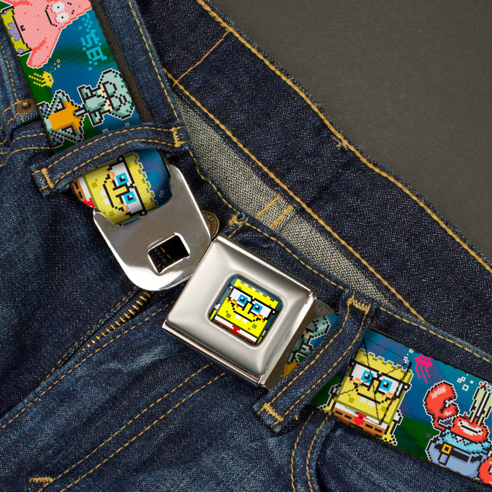 Pixelated SpongeBob Nerd Pose Full Color Blue Seatbelt Belt - SpongeBob & Friends 8-Bit Scene Webbing
