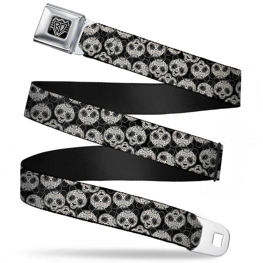 BD Wings Logo CLOSE-UP Full Color Black Silver Seatbelt Belt - Panda Bear Sugar Skull Scattered Black/Cream Webbing
