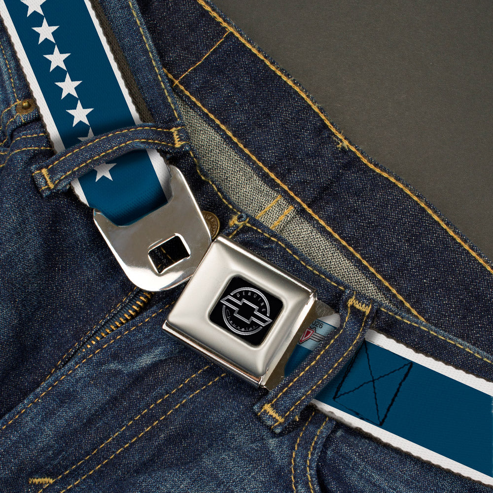 Chevy Seatbelt Belt - CHEVROLET Bowtie/Stars Blue/White Webbing