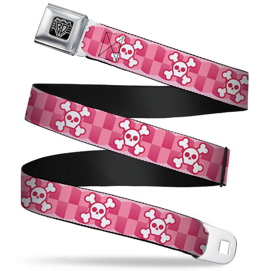 BD Wings Logo CLOSE-UP Full Color Black Silver Seatbelt Belt - Cute Skulls w/Checkers Pinks/White Webbing