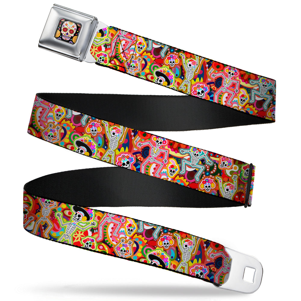 Sugar Skull Starburst Full Color Black/Multi Color Seatbelt Belt - Dancing Catrinas Collage Multi Color Webbing