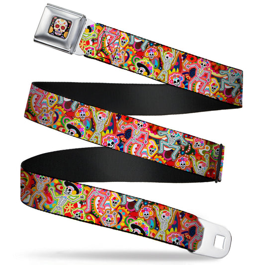 Sugar Skull Starburst Full Color Black/Multi Color Seatbelt Belt - Dancing Catrinas Collage Multi Color Webbing