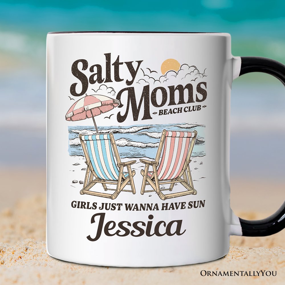 Salty Moms Beach Club Personalized Mug, Retro Summer Gift with Custom Name