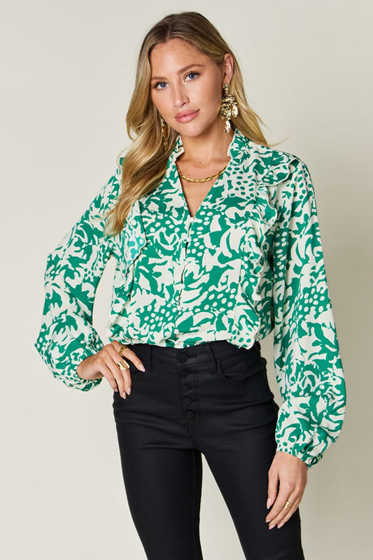 Double Take Printed Ruffle Trim Balloon Sleeve Shirt