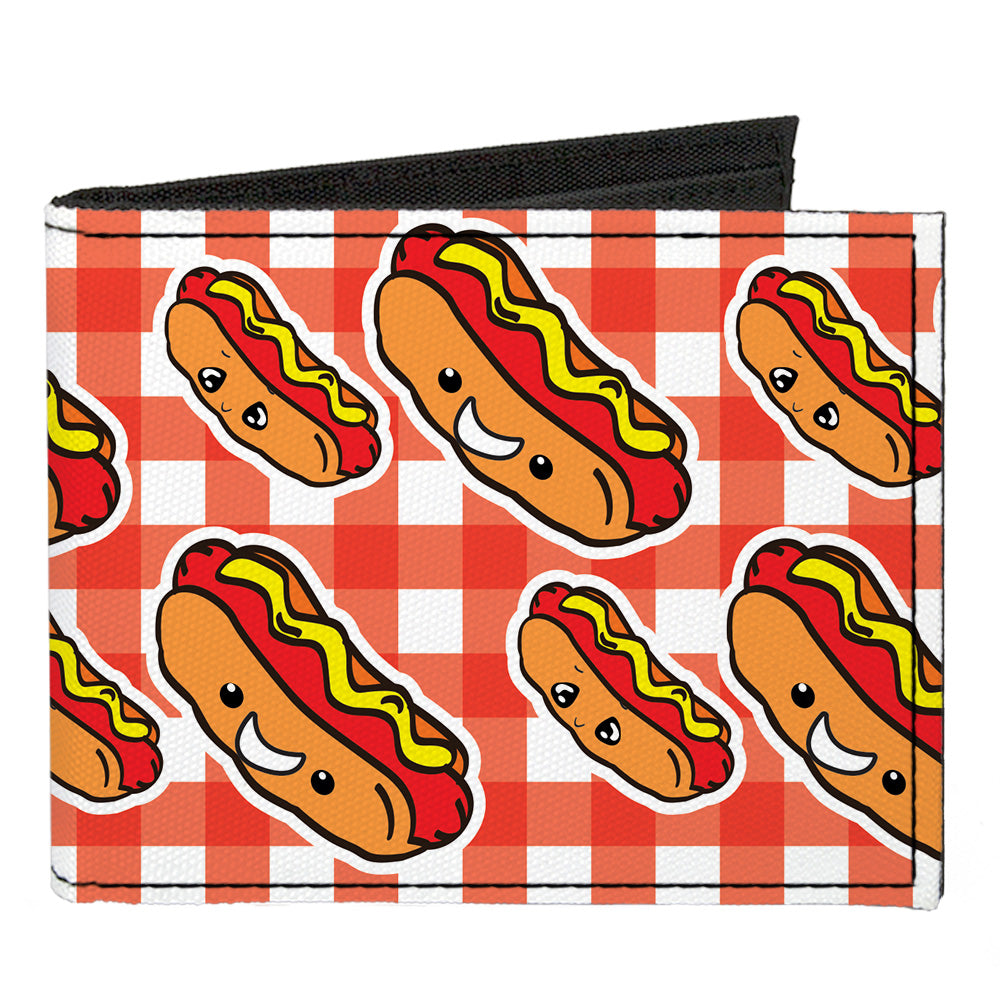 Canvas Bi-Fold Wallet - Hot Dogs Buffalo Plaid White Red