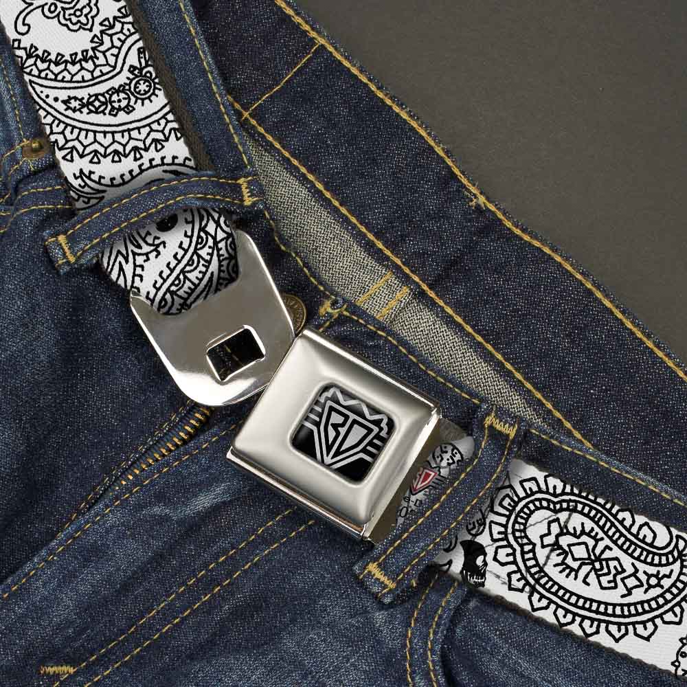 BD Wings Logo CLOSE-UP Full Color Black Silver Seatbelt Belt - Bandana/Skulls White/Black Webbing