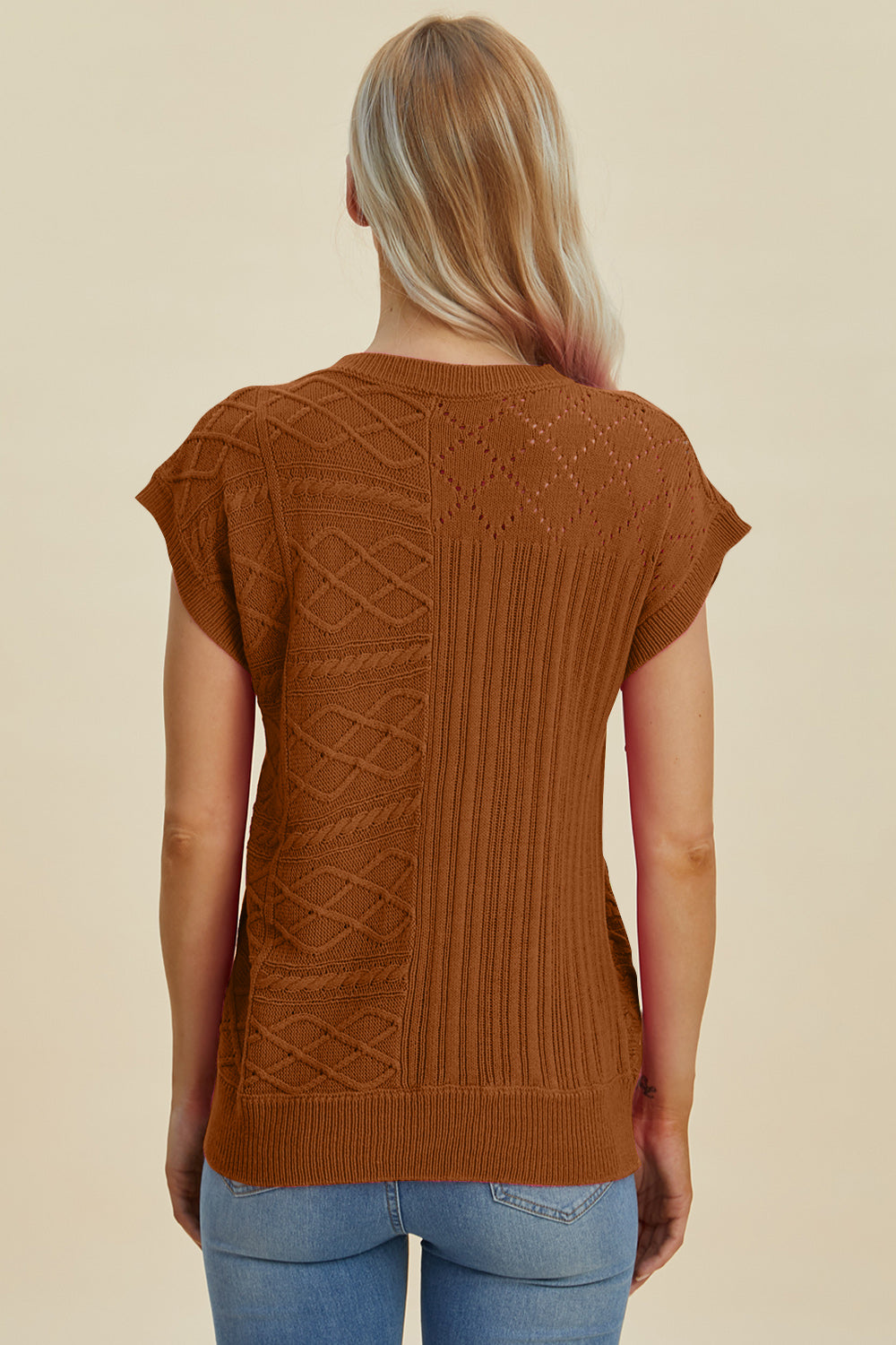 Double Take Cable-Knit Round Neck Cap Sleeve Sweater