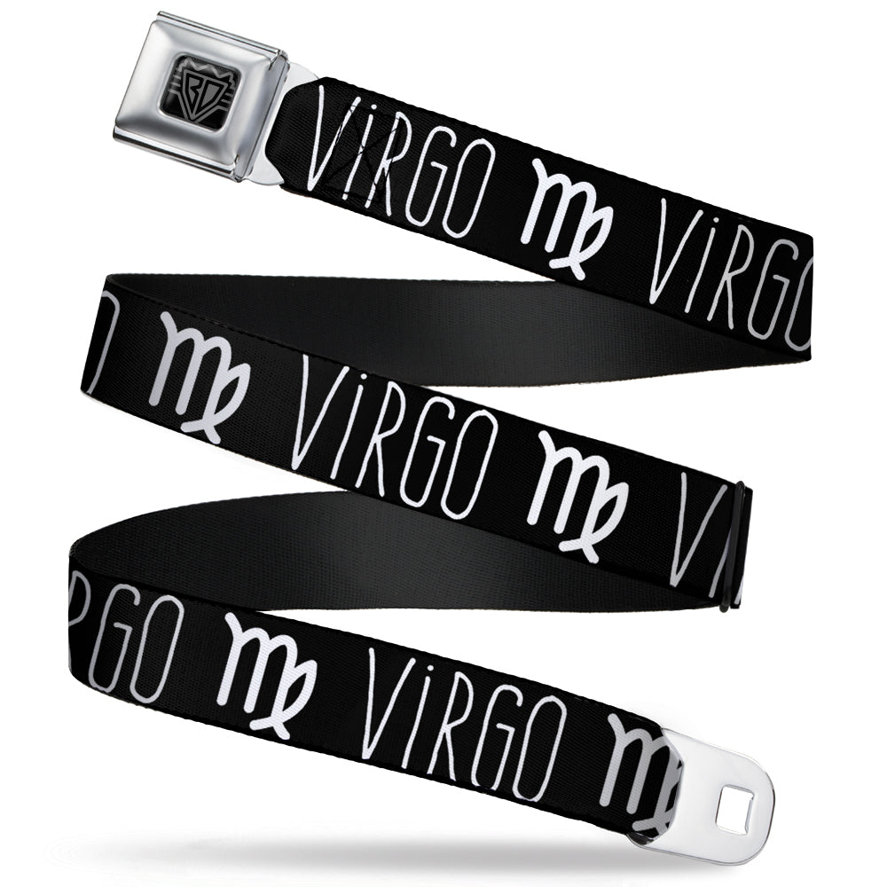 BD Wings Logo CLOSE-UP Full Color Black Silver Seatbelt Belt - Zodiac VIRGO/Symbol Black/White Webbing