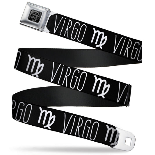BD Wings Logo CLOSE-UP Full Color Black Silver Seatbelt Belt - Zodiac VIRGO/Symbol Black/White Webbing