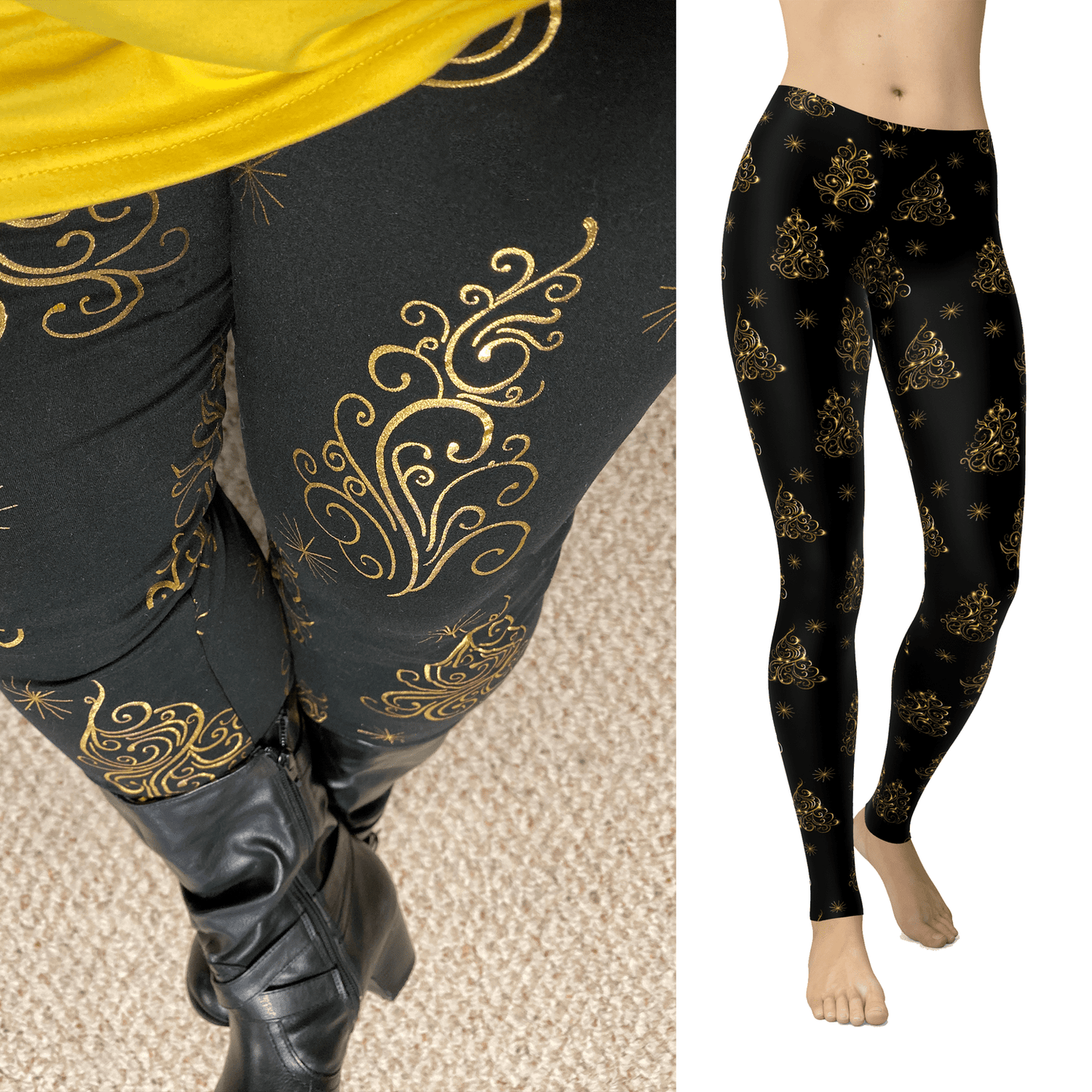Black & Gold Christmas Tree Leggings with Pockets