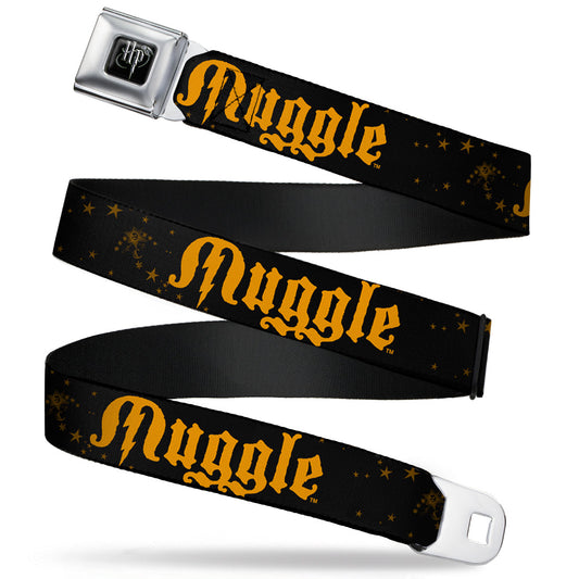 Harry Potter Logo Full Color Black/White Seatbelt Belt - MUGGLE/Stars Black/Gold Webbing