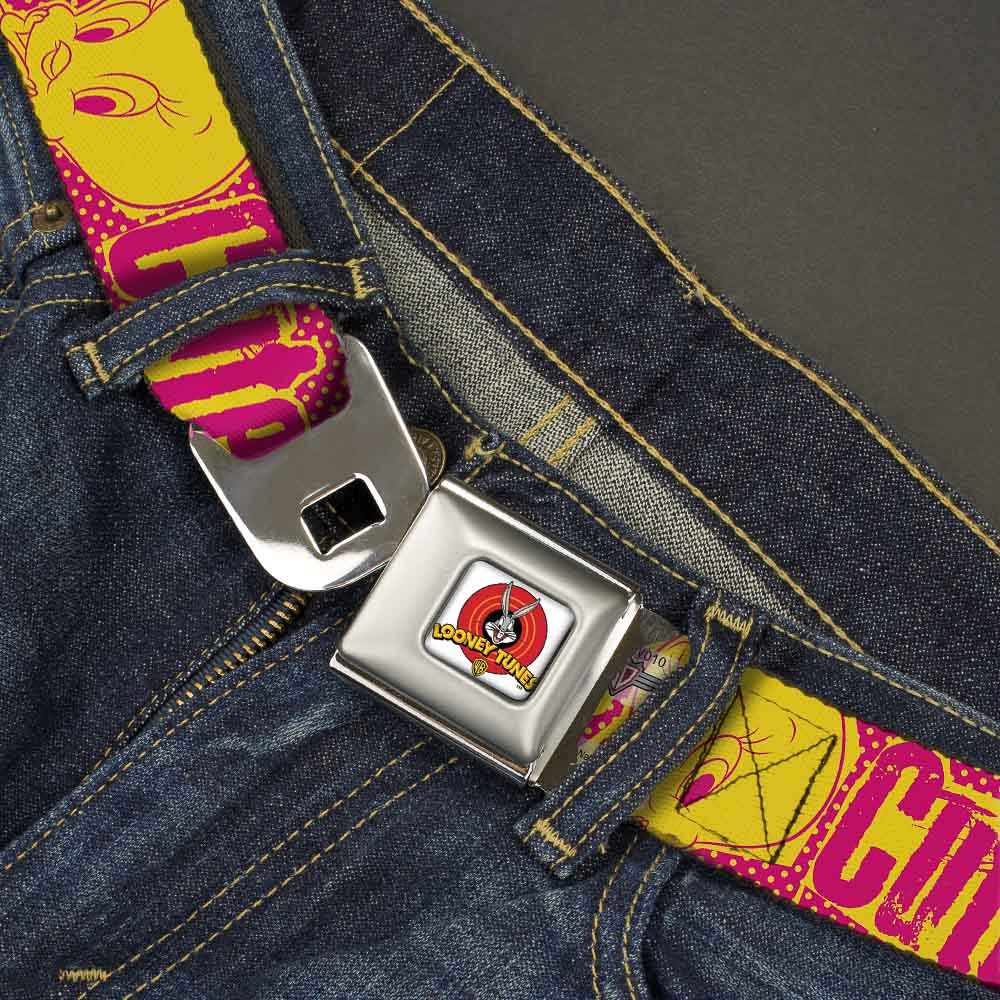 Looney Tunes Logo Full Color White Seatbelt Belt - Tweety Bird Poses CUTE LITTLE YELLOW BIRD Yellow/Pink Webbing