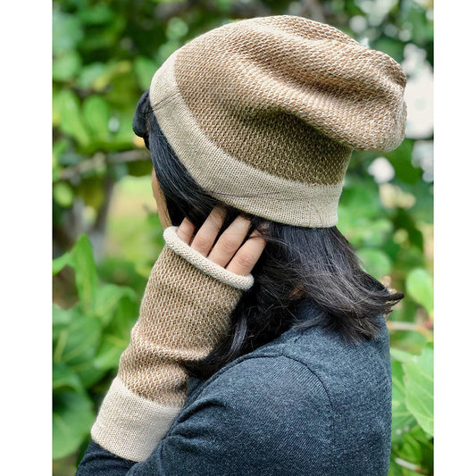 Fingerless Alpaca Gloves Camel Interwoven Long Wrist Warmers With Thumb Slit