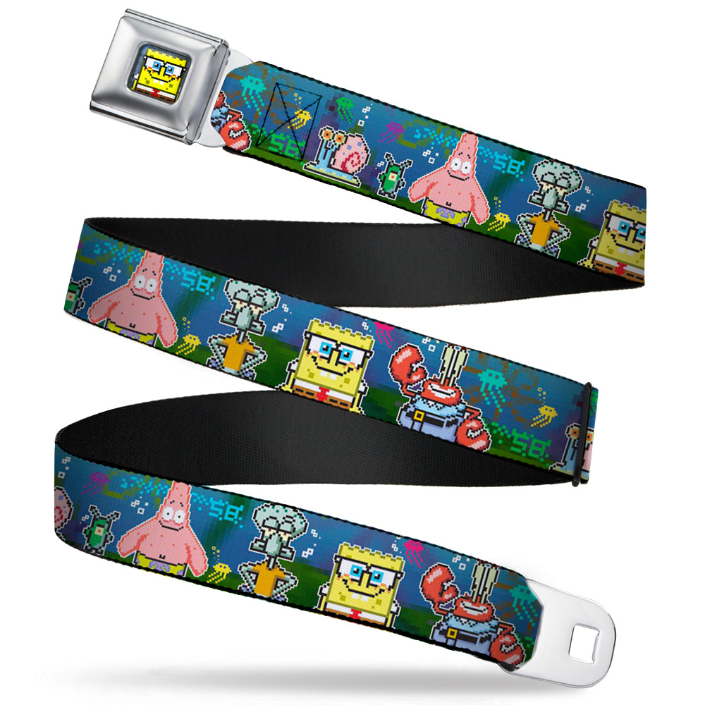 Pixelated SpongeBob Nerd Pose Full Color Blue Seatbelt Belt - SpongeBob & Friends 8-Bit Scene Webbing