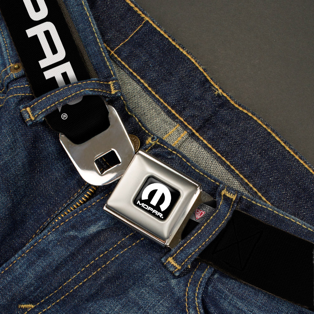 MOPAR Logo Full Color Black White Seatbelt Belt - MOPAR Text Black/White Webbing