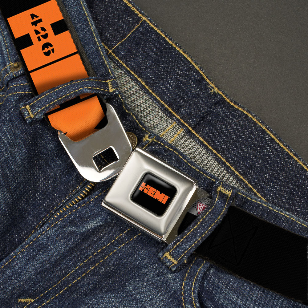 HEMI 426 Logo Full Color Black Orange Seatbelt Belt - HEMI 426 Logo Repeat Black/Orange Webbing