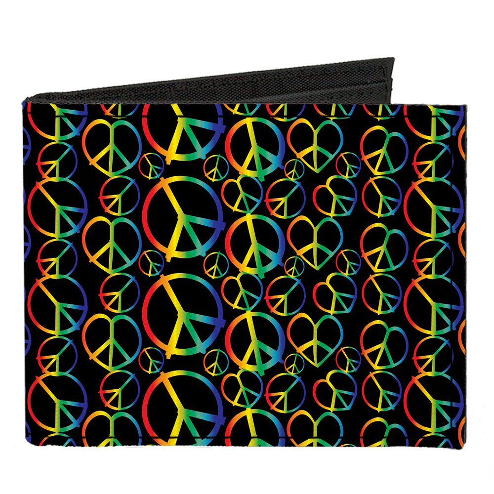 Canvas Bi-Fold Wallet - Peace Heart Black Rainbow Ombre
