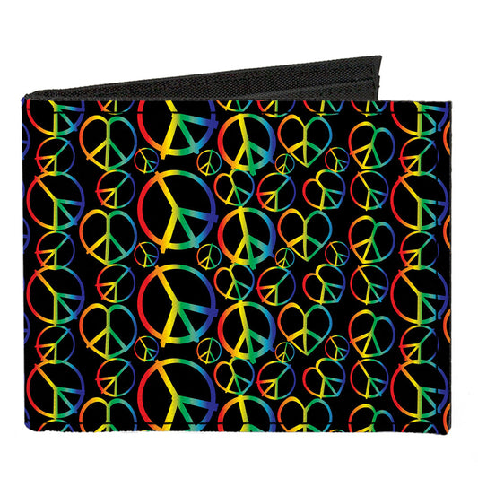 Canvas Bi-Fold Wallet - Peace Heart Black Rainbow Ombre