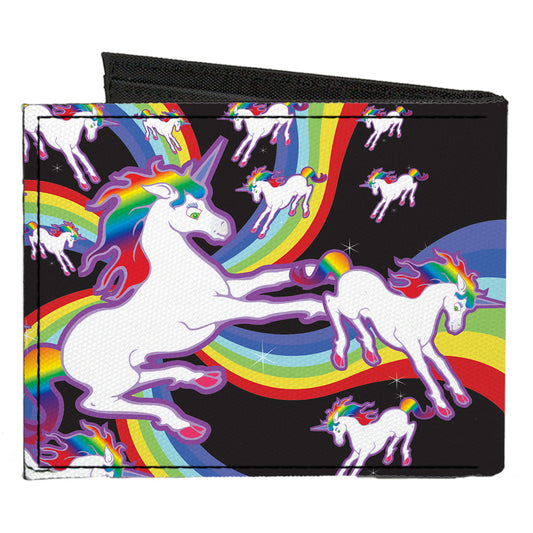 Canvas Bi-Fold Wallet - Unicorns Rainbow Swirl Black