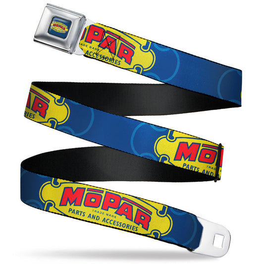 MOPAR 1937-1947 Logo Full Color Blue/Yellow/Red Seatbelt Belt - MOPAR 1937-1947 Logo-USE CHRYSLER ENGINEERED MOPAR PARTS AND ACCESSORIES Blue/Yellow/Red Webbing