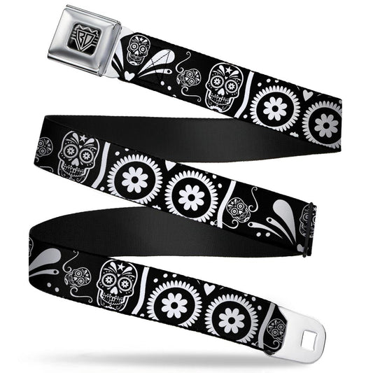 BD Wings Logo CLOSE-UP Full Color Black Silver Seatbelt Belt - Sugar Skulls Black/White Webbing