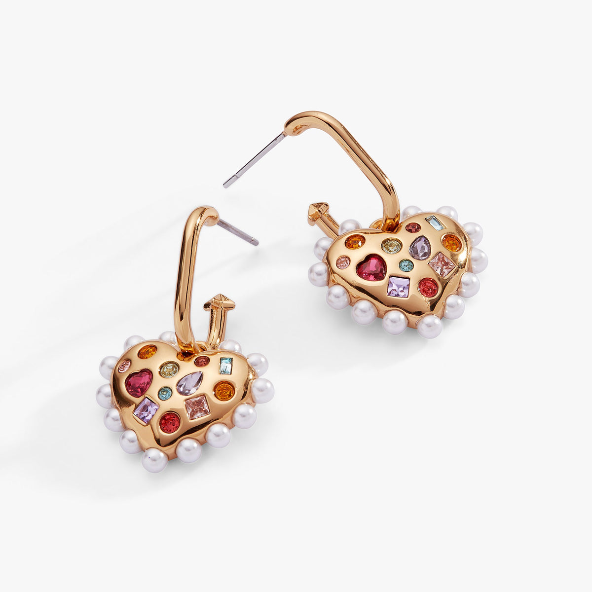 Puffy Heart Gemstone And Pearl Charm Hoop Earrings