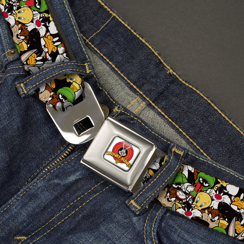 Looney Tunes Logo Full Color White Seatbelt Belt - Looney Tunes 6-Character Stacked Collage3 Webbing