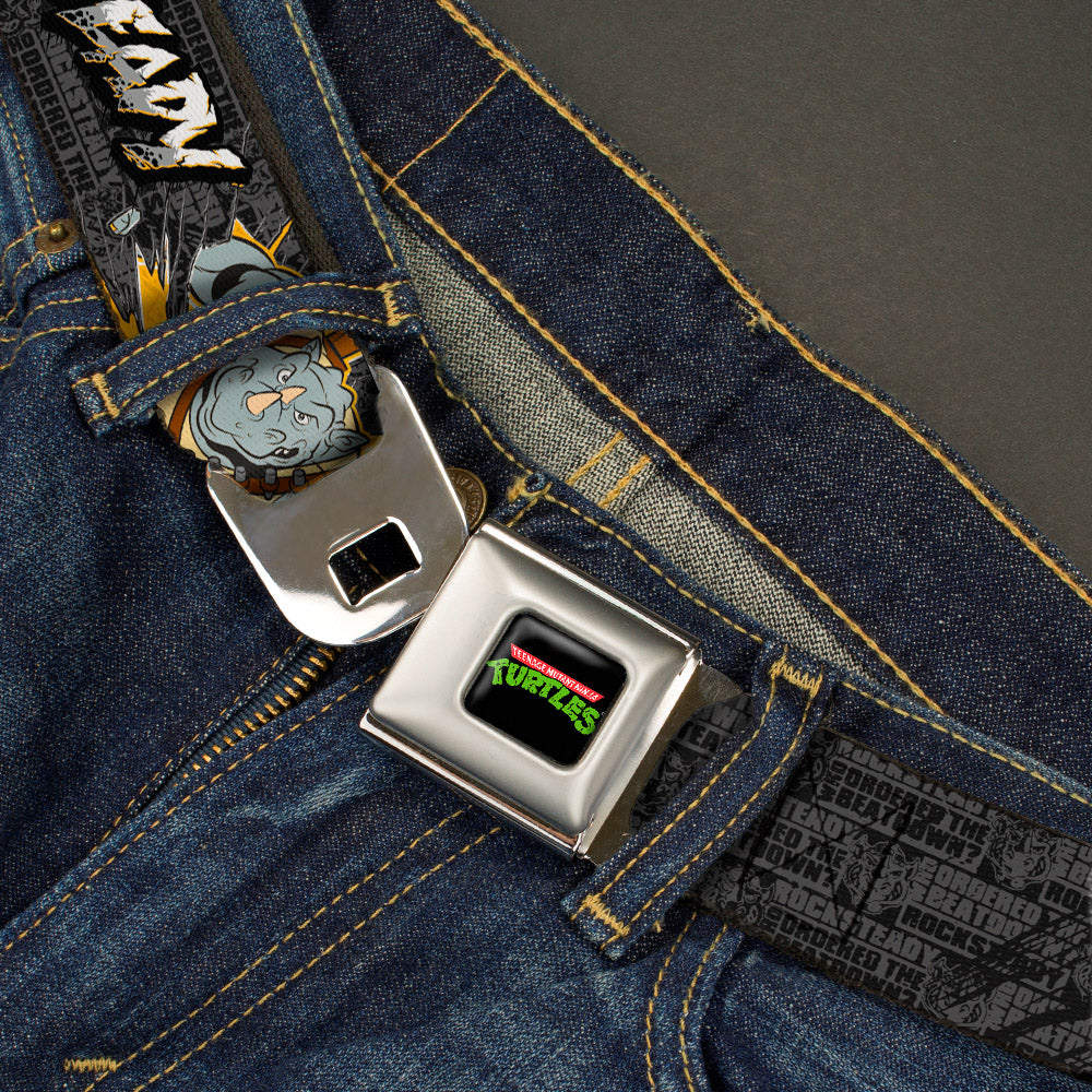 Classic TMNT Logo Full Color Seatbelt Belt - ROCKSTEADY Break Through Pose/BEATDOWN Black/Grays/Gold Webbing