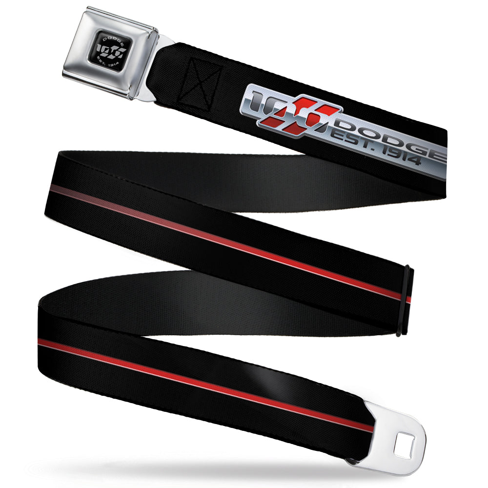 Dodge 100th Anniversary Logo Brushed Silver Black Seatbelt Belt - Dodge 100th Anniversary Rhombus/Stripe Black-Gray Swirl/Red Webbing