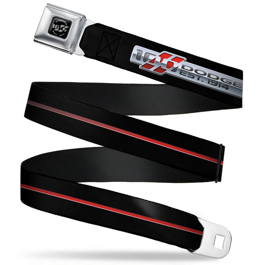 Dodge 100th Anniversary Logo Brushed Silver Black Seatbelt Belt - Dodge 100th Anniversary Rhombus/Stripe Black-Gray Swirl/Red Webbing
