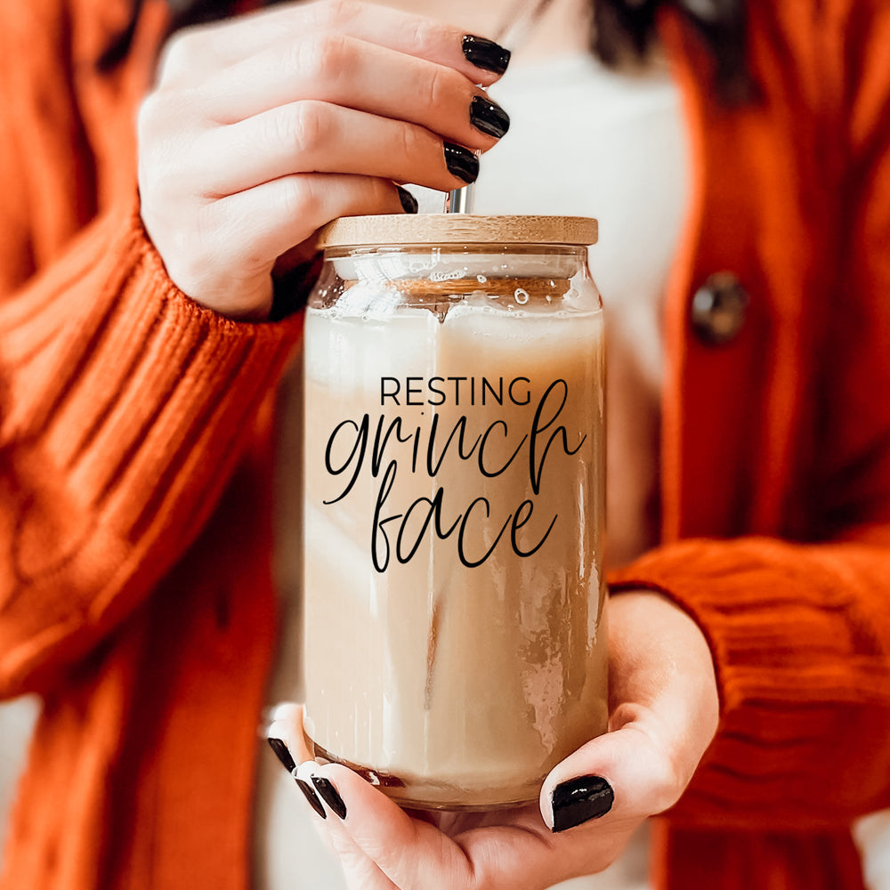 Grinch Face 17oz Glass Tumbler With Bamboo Lid and 2 Stainless Straws Holiday
