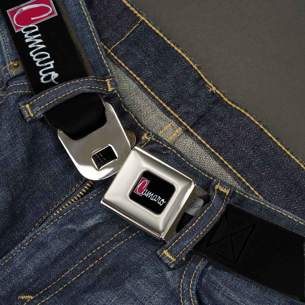 1972 CAMARO Script Emblem Full Color Black Silver Reds Seatbelt Belt - 1972 CAMARO Script Emblem Black/Silver/Reds Webbing