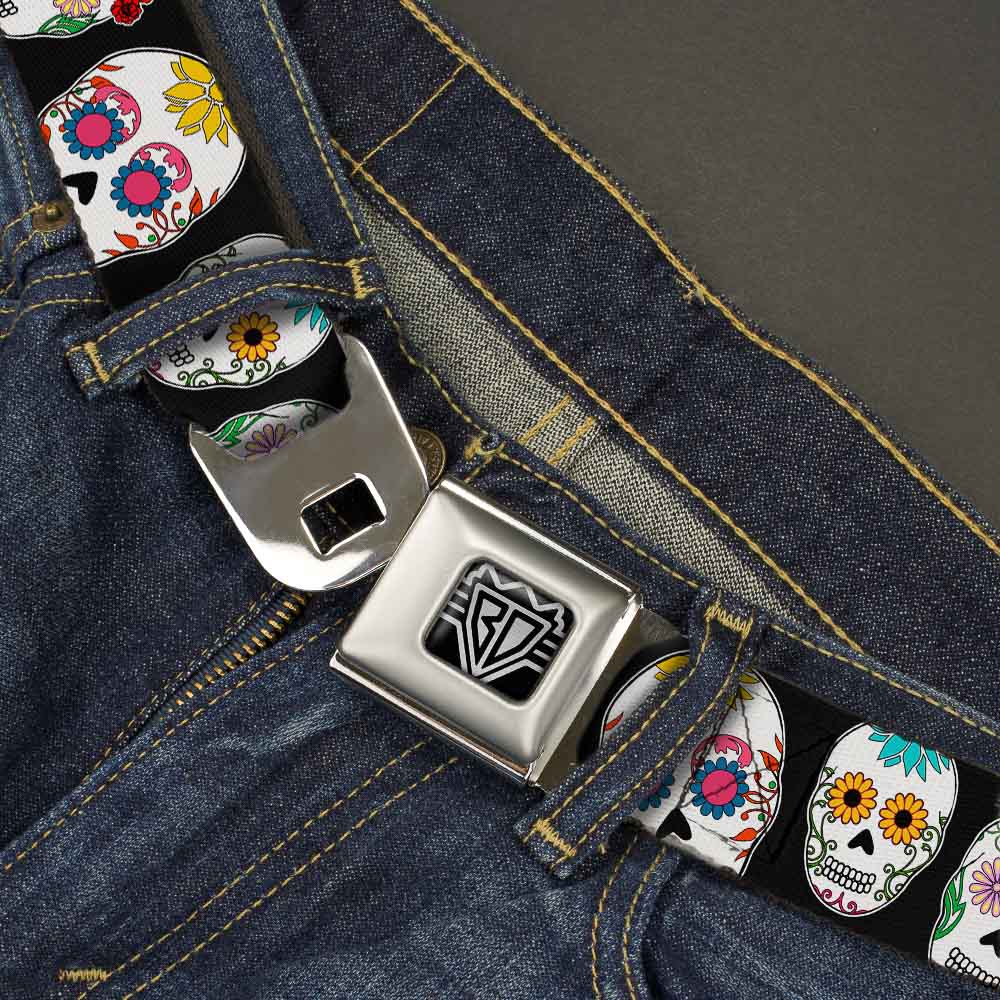BD Wings Logo CLOSE-UP Full Color Black Silver Seatbelt Belt - Sugar Skull Outline Black/Multi Color Webbing