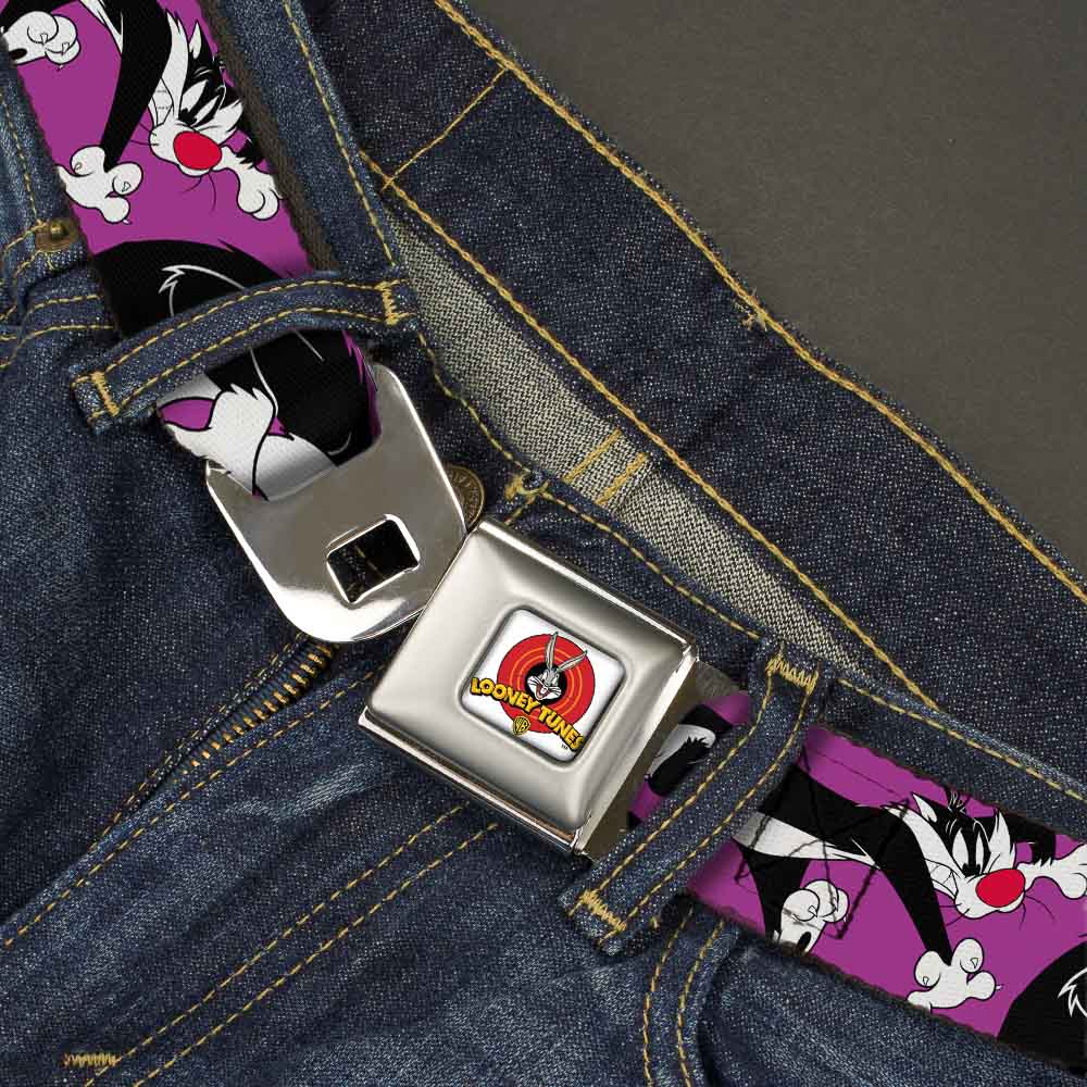 Looney Tunes Logo Full Color White Seatbelt Belt - Sylvester the Cat Poses Purple Webbing