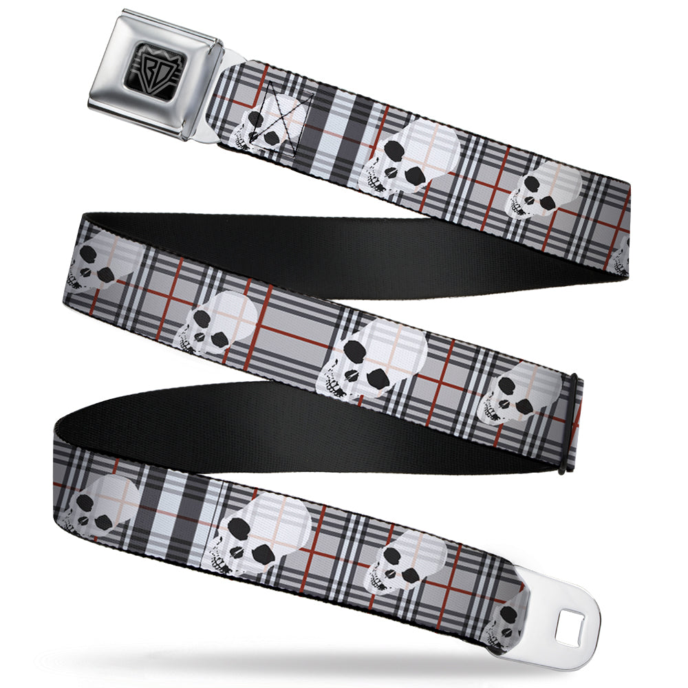 BD Wings Logo CLOSE-UP Full Color Black Silver Seatbelt Belt - Tilted Skulls Plaid Gray Webbing