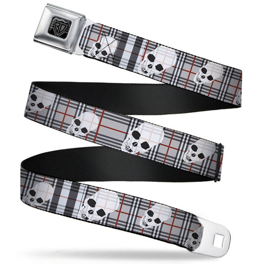 BD Wings Logo CLOSE-UP Full Color Black Silver Seatbelt Belt - Tilted Skulls Plaid Gray Webbing