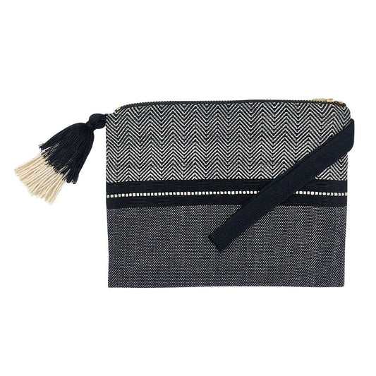 Handloom Stripe Cosmetic Bag Woven Pom Pom Tassel Lined Wristlet Makeup Clutch
